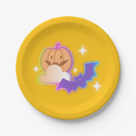 Prato De Papel Kawaii Pumpkin & Bat Halloween Placa