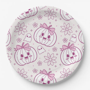 Prato De Papel Kawaii Pumpkins, Fantasmas e Flores