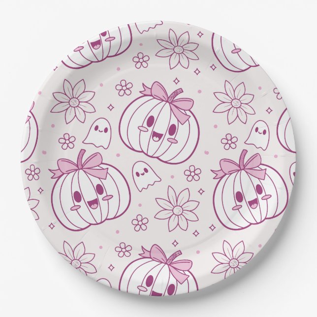Prato De Papel Kawaii Pumpkins, Fantasmas e Flores (Frente)