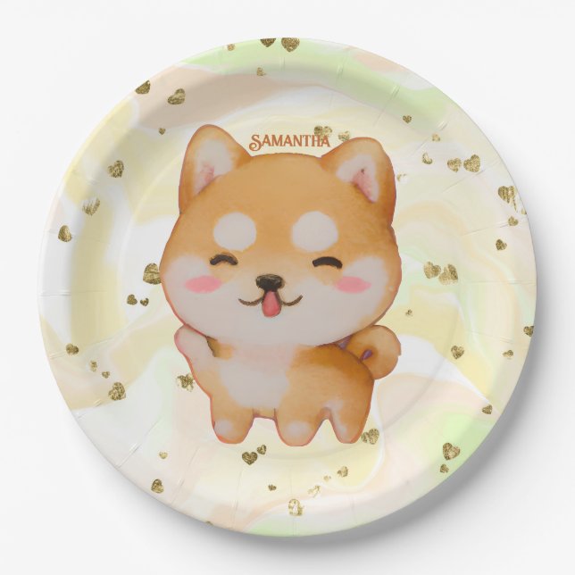 Prato De Papel Kawaii Smiling Cartoon-Style Shiba Inu (Frente)