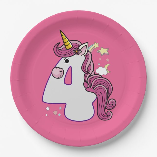 Prato De Papel Kawaii Unicorn 4º Aniversário com T-Shirt (Frente)