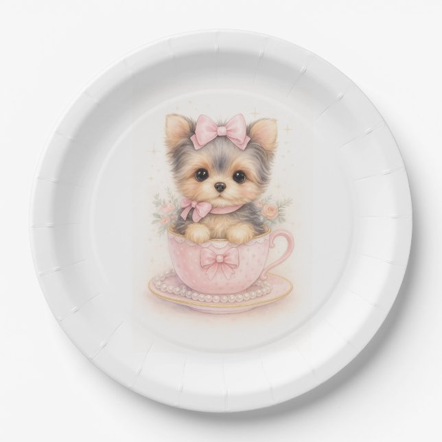Prato De Papel Kawaii Yorkie Teacup Birthday Paper Plate (Frente)