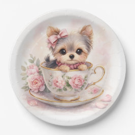 Prato De Papel Kawaii Yorkie Teacup Birthday Paper Plates