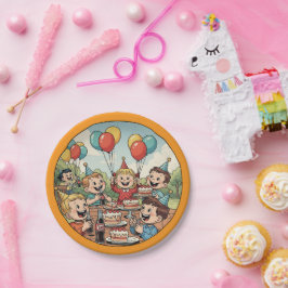 Prato De Papel Kids Enjoying their Cakes, Sodas and Balloons