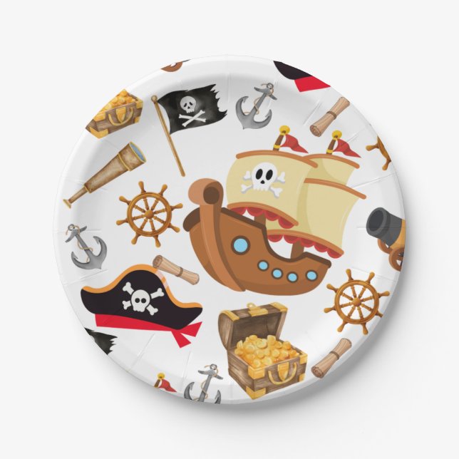 Prato De Papel Kids Pirate Party | Ahoy Matey Pirate Birthday  (Frente)