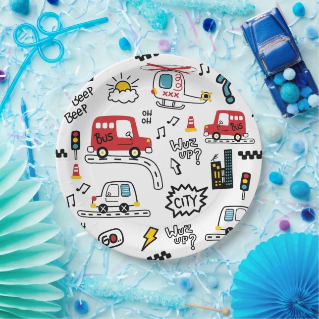 Prato De Papel Kids Playful Transport Pattern  (Festa)