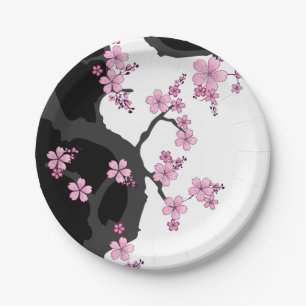 Prato De Papel Kimono Black e White Pink Sakura