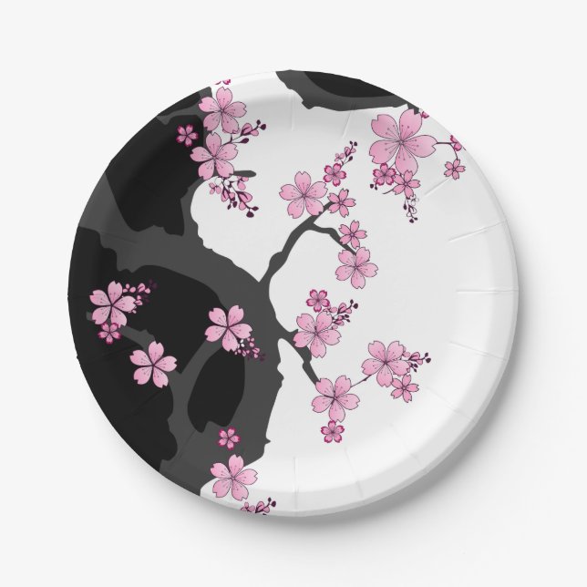 Prato De Papel Kimono Black e White Pink Sakura (Frente)