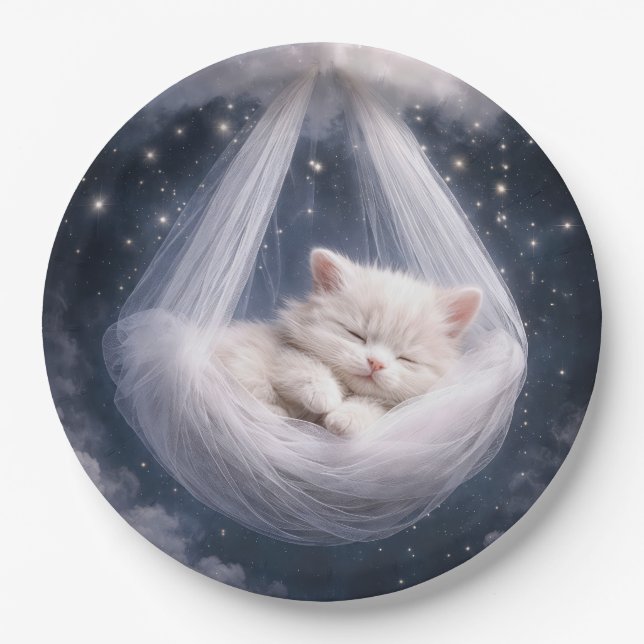 Prato De Papel Kit de Chá de Bebê Gatinho em uma Hammock de Tule (Frente)