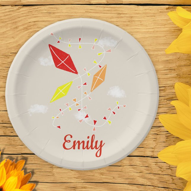 Prato De Papel Kites Beige Kids Feliz Festa de Aniversário (Criador carregado)