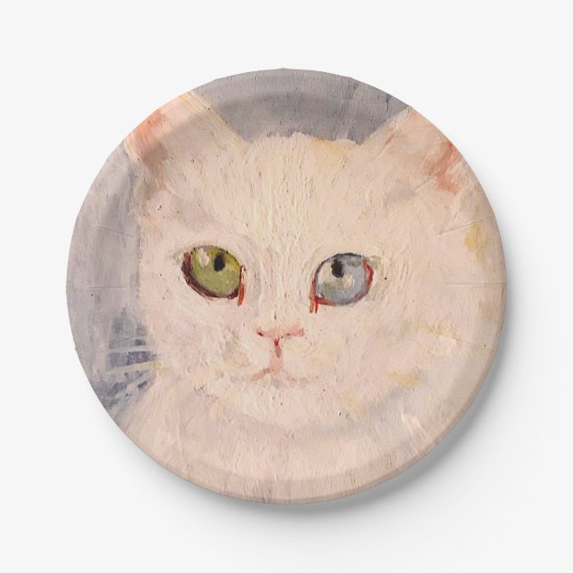 Prato De Papel Kitten Branco com Olhos Azuis e Livro Verde (Frente)