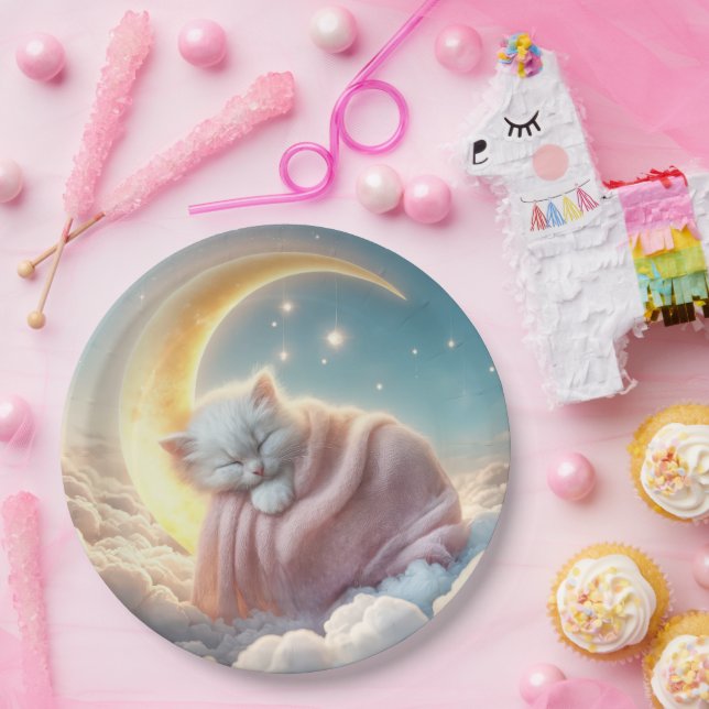 Prato De Papel Kitten Dormindo em uma lua crescente (Festa)
