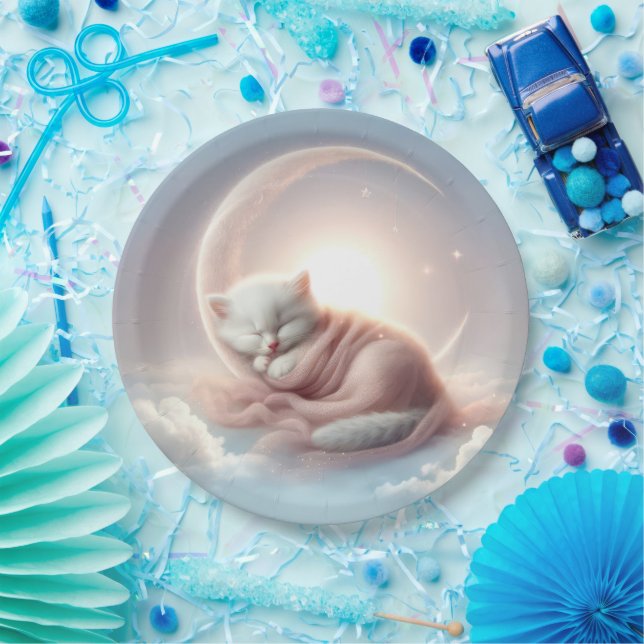 Prato De Papel Kitten Dormindo em uma lua crescente (Festa)