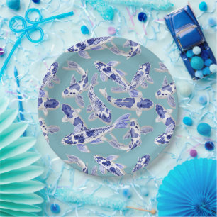 Prato De Papel Koi azul e branco
