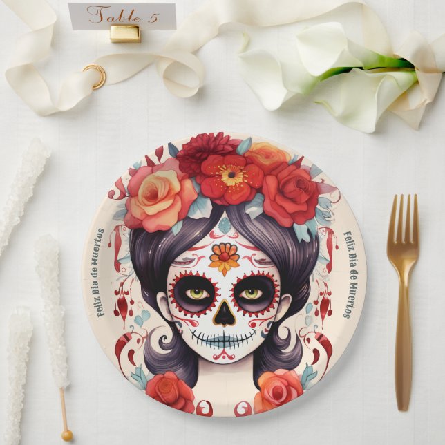 Prato De Papel La Calavera Catarina en Flores Rojas 🌹 (Casamento)