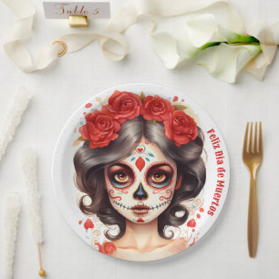 Prato De Papel La Calavera Catarina 💀 en Flores Rojas 🌹