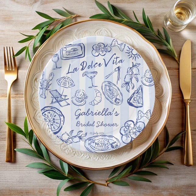 Prato De Papel La dolce vita blue stripes Italian bridal shower (La dolce vita blue stripes hand drawn Italian bridal shower printed Paper Plates personalized decor)