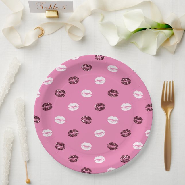 Prato De Papel Lábios Brancos Brancos com Brilho Vermelho Rosa (Casamento)