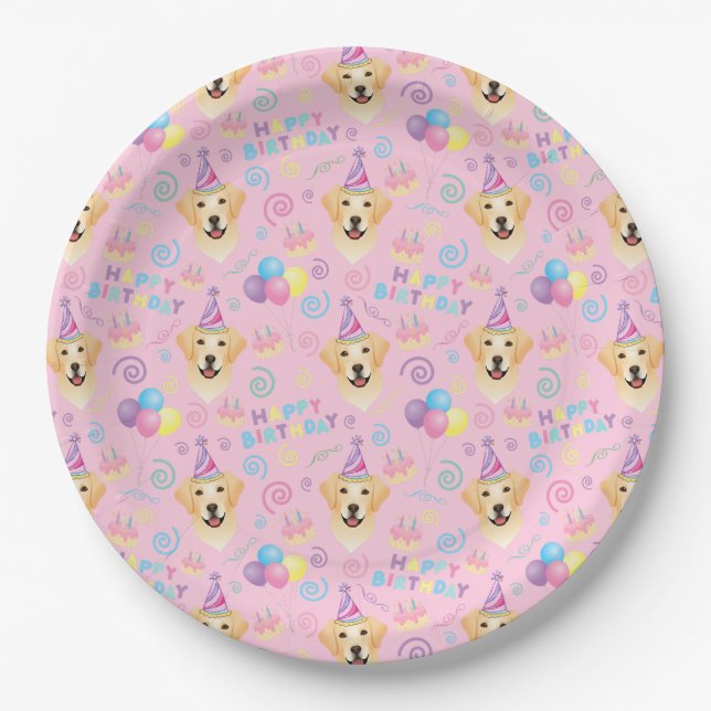 Prato De Papel Labrador Dog Birthday Party Paper Plates in Pink (Frente)
