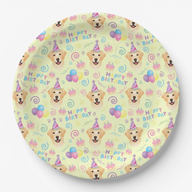 Prato De Papel Labrador Dog Birthday Party Paper Plates in Yellow (Frente)