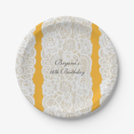 Prato De Papel Lace Amarelo e Branco Brilhante Elegante Festa Rús