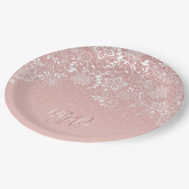 Prato De Papel Laço branco elegante floral e design dos confetes (Inclinado)