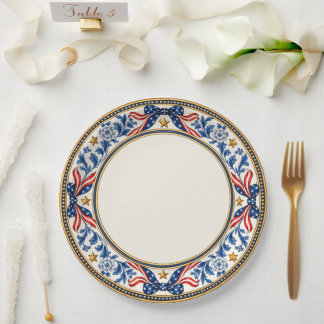 Prato De Papel Laço Floral Patriótico Vermelho Branco e Azul Eleg