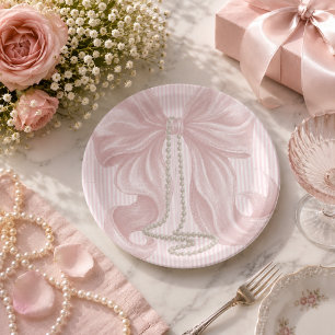 Prato De Papel Laço Listrado Rosa e Colar de Pérola