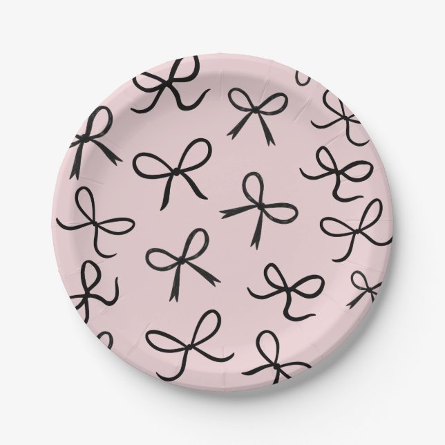 Prato De Papel Laços Pretos Pequenos Fofo da Moda Rosa (Frente)