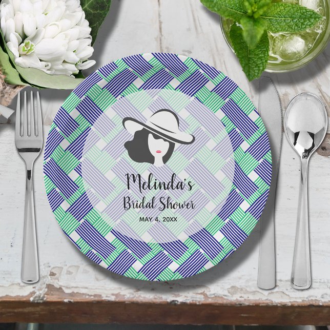 Prato De Papel Lady Big Hat Derby Chá de panela (Big Derby hat lady on blue and green diagonal stripes bridal shower paper plates)