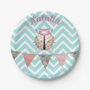 Prato De Papel Ladybug chevron floral, belo e cor-de-rosa, branco