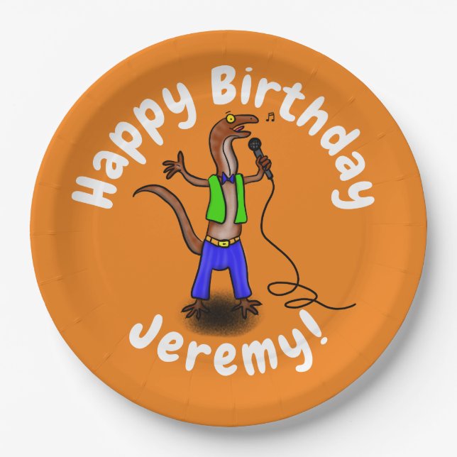 Prato De Papel Lagarto engraçado cantando com desenho de microfon (Frente)
