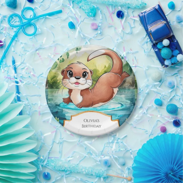 Prato De Papel Lago Simples Otter Birthday (Festa)