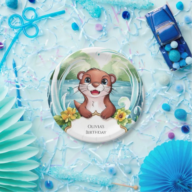 Prato De Papel Lago Whimsical Otter Birthday (Festa)