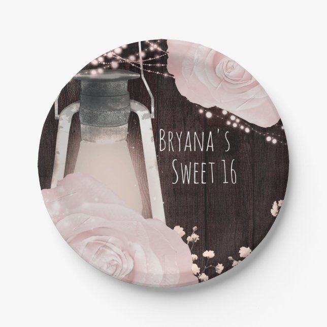 Prato De Papel Lâmpada Rustic Glow Bebê Rosa Bege Rosas Doce 16 (Frente)