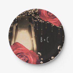 Prato De Papel Lâmpada Rustic Glow Vintage Rosas Vermelhas Madeir