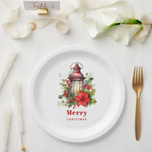 Prato De Papel Lanterna de Natal Vermelho Poinsettia e Pinheiro (Casamento)