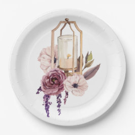 Prato De Papel Lanterna Dourada com Flores Rosa Claro e Profundo
