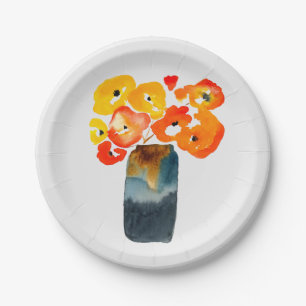 Prato De Papel Laranja-aquarela e papoilas vermelhas