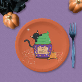 Prato de papel laranja de Halloween com gato preto