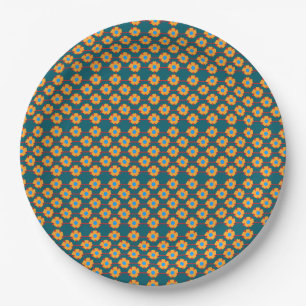 Prato De Papel Laranja Divertido e Floral Azul Escuro