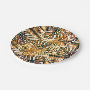 Prato De Papel Laranja Dourado Elegante Folhas de Palmeira Tropic