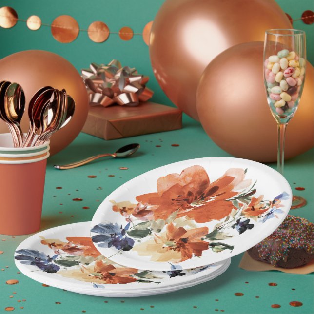Prato De Papel Laranja e azul aquarela floral (Múltiplo)