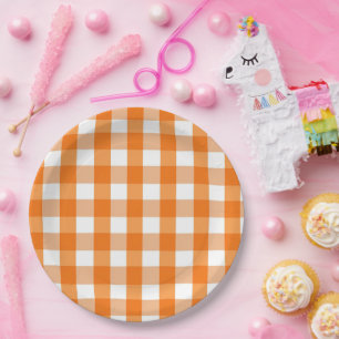 Prato De Papel Laranja e Gingham Branco - Cheque o Dia das Bruxas