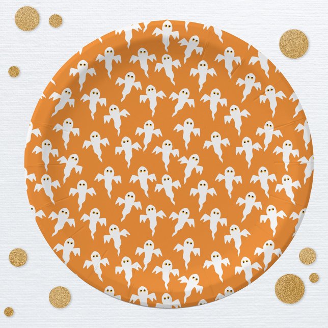 Prato De Papel Laranja Fantasma do Fantasma do Bom Halloween (Fun ghost pattern orange paper plates for Halloween)