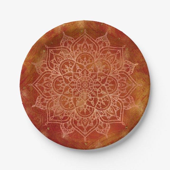Prato De Papel Laranja Mandala e Dourado Glam Moderno Chic (Frente)