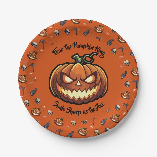 Prato De Papel 🎃 Laranja Pumpkin King Halloween Plate 🧡 (Frente)