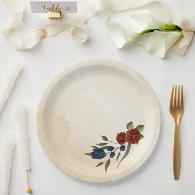 Prato De Papel laranja queimada e marinho azul floral (Casamento)