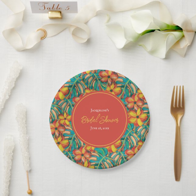 Prato De Papel Laranja tropical e Chá de panela floral amarelo (Casamento)