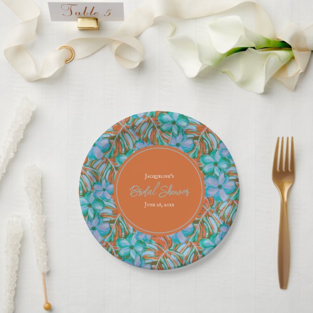 Prato De Papel Laranja Tropical e Chá de panela Floral Azul (Casamento)